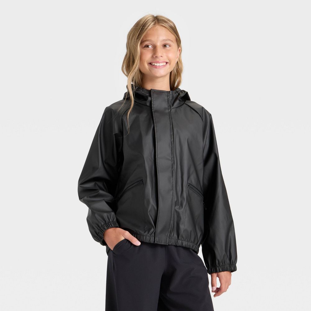 New - Girls' Hooded Rain Coat - All In Motion™ Black M