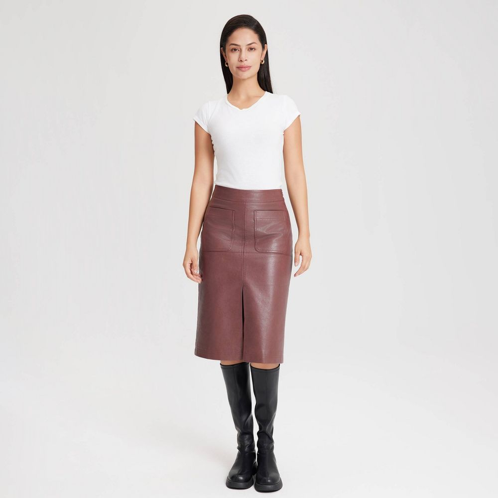 New - Women's Faux Leather Midi A-Line Skirt - Universal Thread™ Red 2