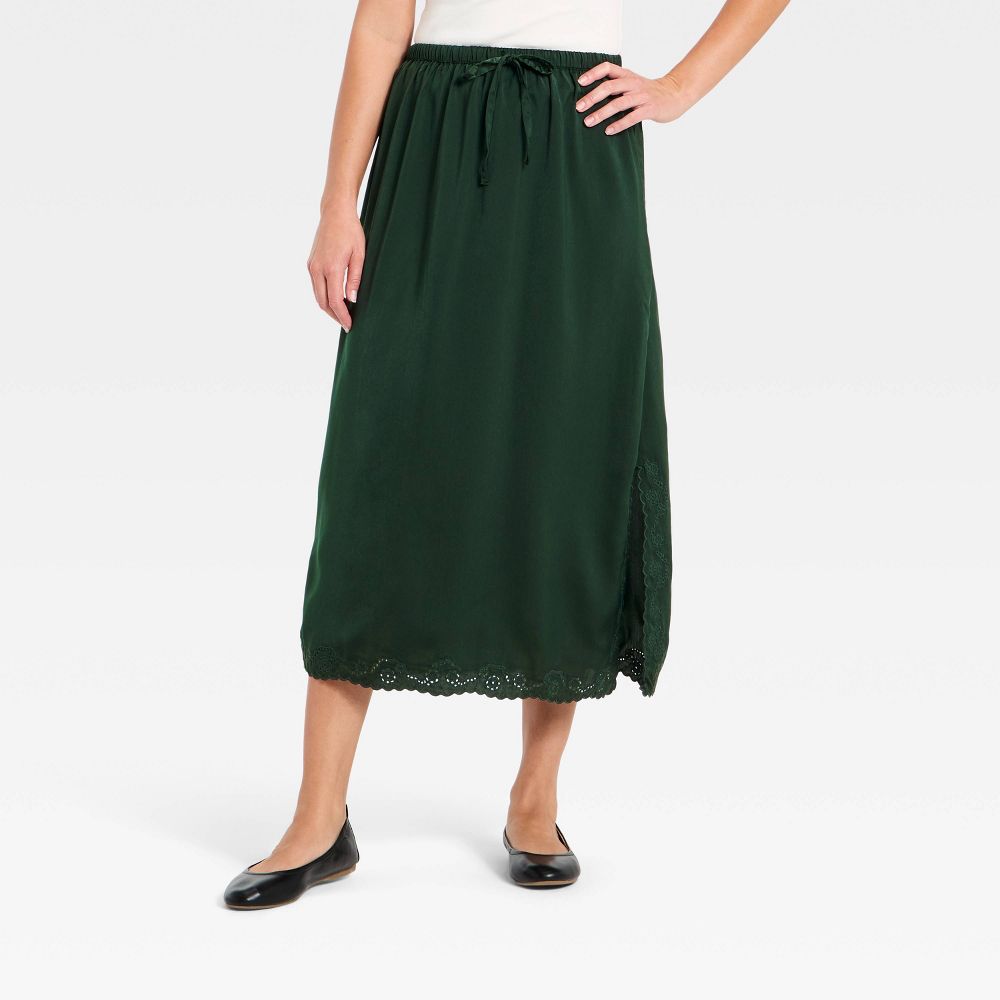 Open Box - Women's Cutwork Midi A-Line Skirt - Universal Thread™ Dark Green XS
