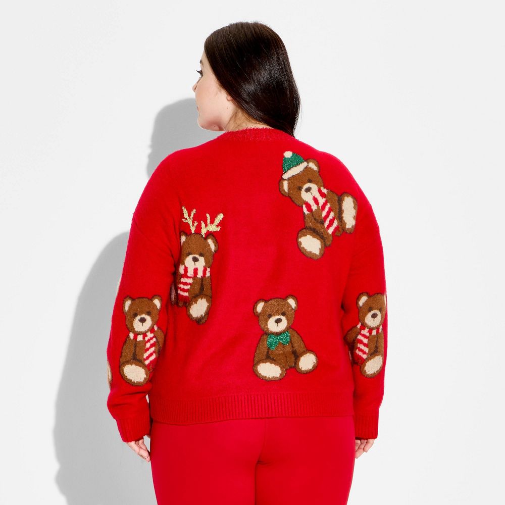 New - Women's Teddy Bear Print Festive Graphic Sweater - Red 3X