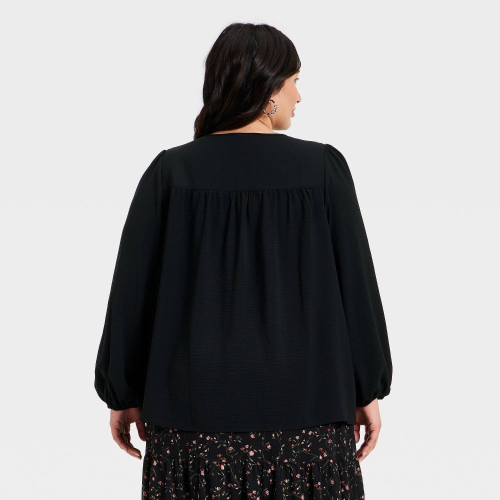 New - Women's Bishop Long Sleeve Pleated Tie-Front Blouse - Ava & Viv™ Black 3X
