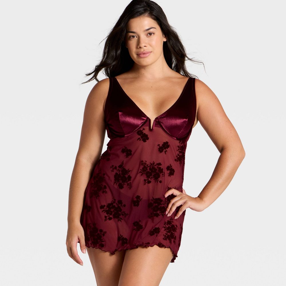 New - Women's Flocked Lingerie Slip Dress - Auden™ Berry Red XL