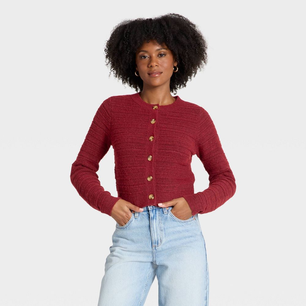 New - Women's Lace Stitch Cardigan Sweater - Universal Thread™ Maroon M
