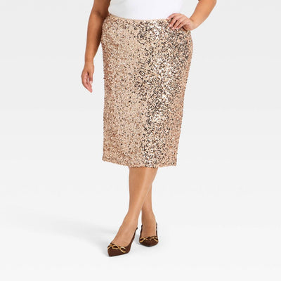 New - Women's High-Rise Sequin Midi Pencil Skirt - Ava & Viv™ Champagne 2X