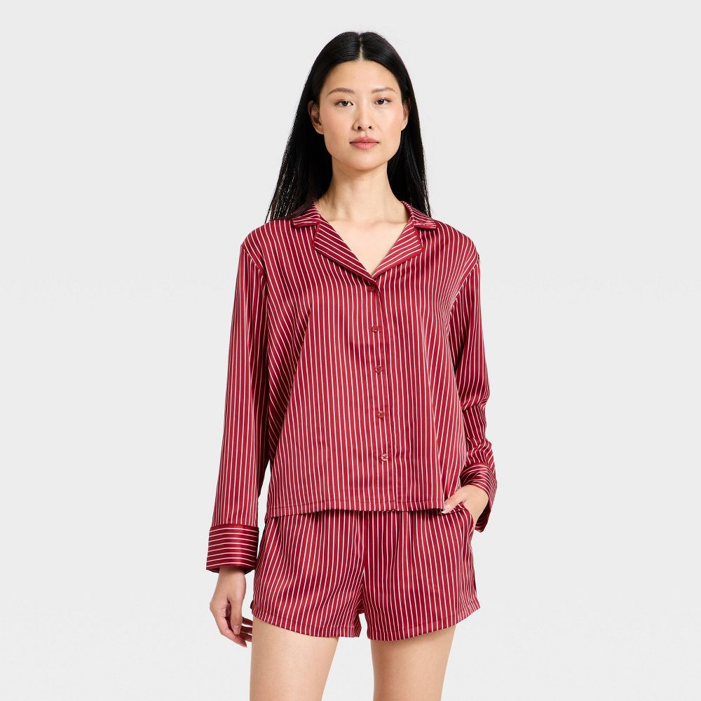 New - Women's Luxury Collection Satin Notch Collar Long Sleeve Shirt and Shorts Pajama Set - Auden™ Red Striped M