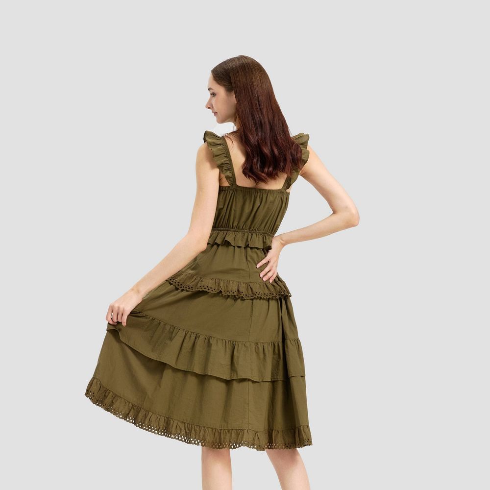New - Women's Ruffle Sleeve Tiered Midi A-Line Dress - Universal Thread™ Olive Green XS