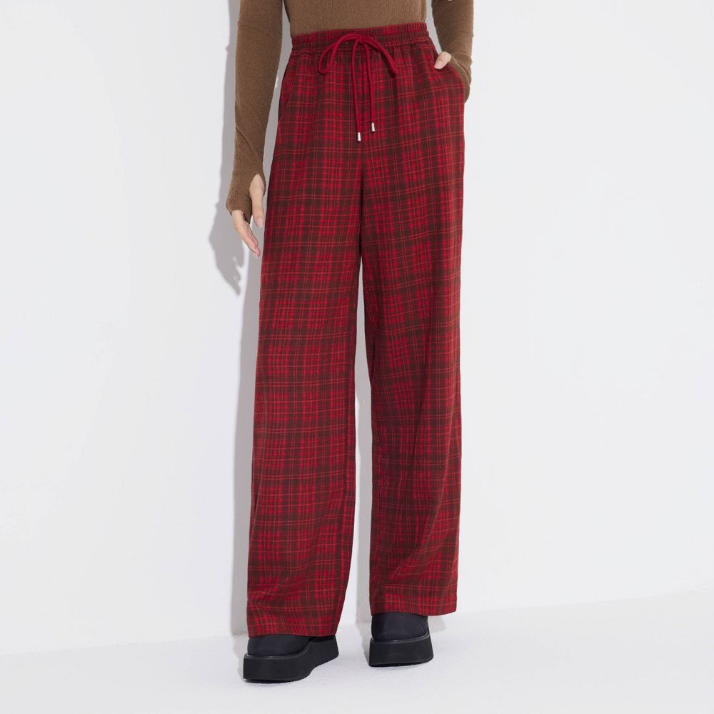 New - Women's Mid-Rise Wide Leg Pull-On Pants - Wild Fable™ Red/Black Plaid XL