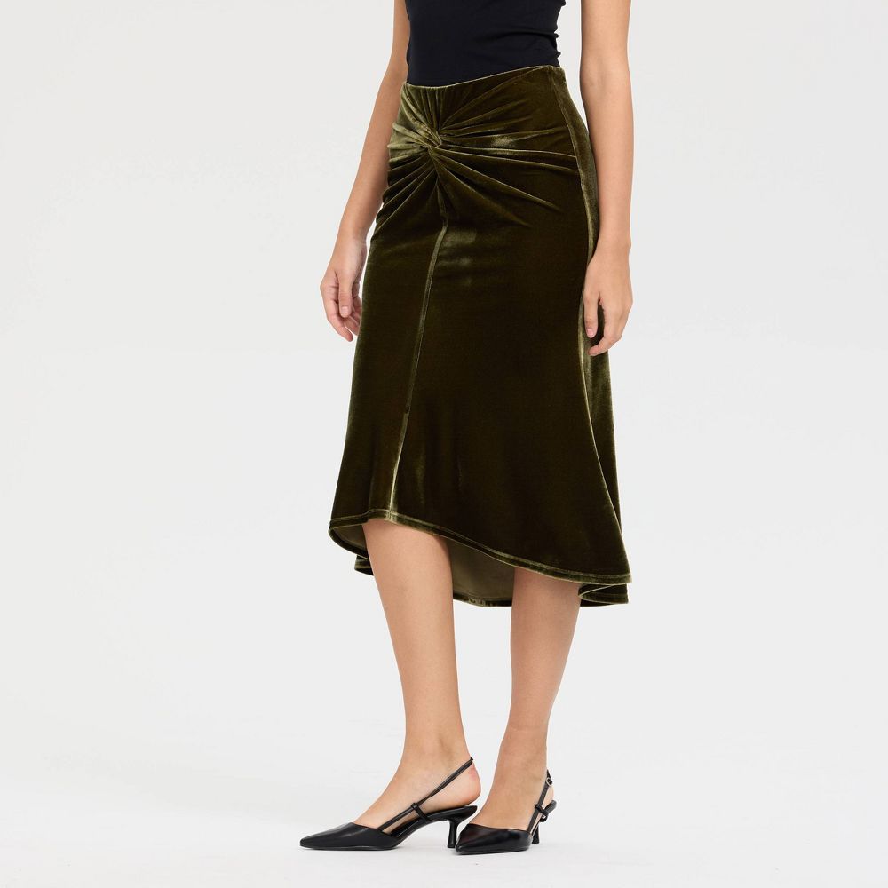 New - Women's Velvet Twist Midi Pull-On Skirt - A New Day™ Olive Green S