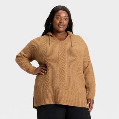 New - Women's Cozy Cable Hooded Tunic Sweater - Ava & Viv™ Brown 4X