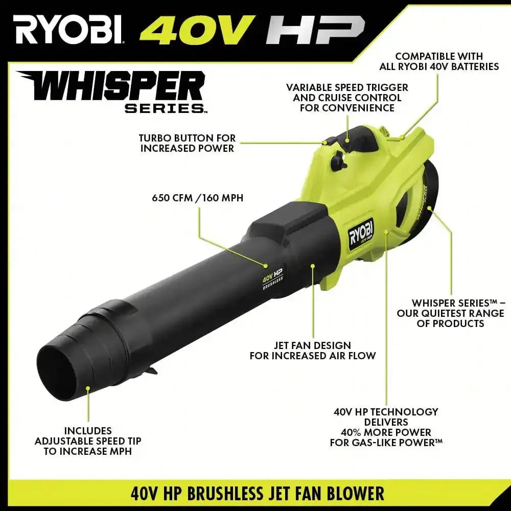 Open Box - RYOBI 40V HP Brushless Whisper Series 160 MPH 650 CFM Cordless Battery Leaf Blower (Tool Only) RYOBIBullseye Deals