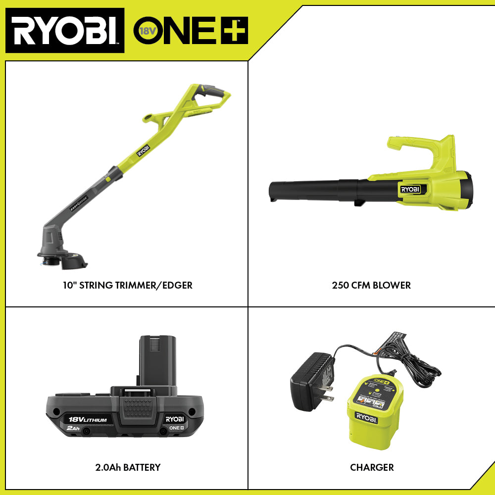Open Box -  RYOBI 1+ 18-Volt Cordless Electric String Trimmer/Edger and Blower Combo Kit (2-Tools) with 2.0 Ah Battery and Charger