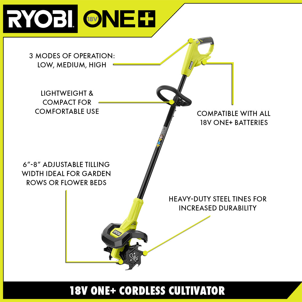 Open Box -  RYOBI ONE+ 8 in. 18V Cordless Cultivator (Tool-Only)