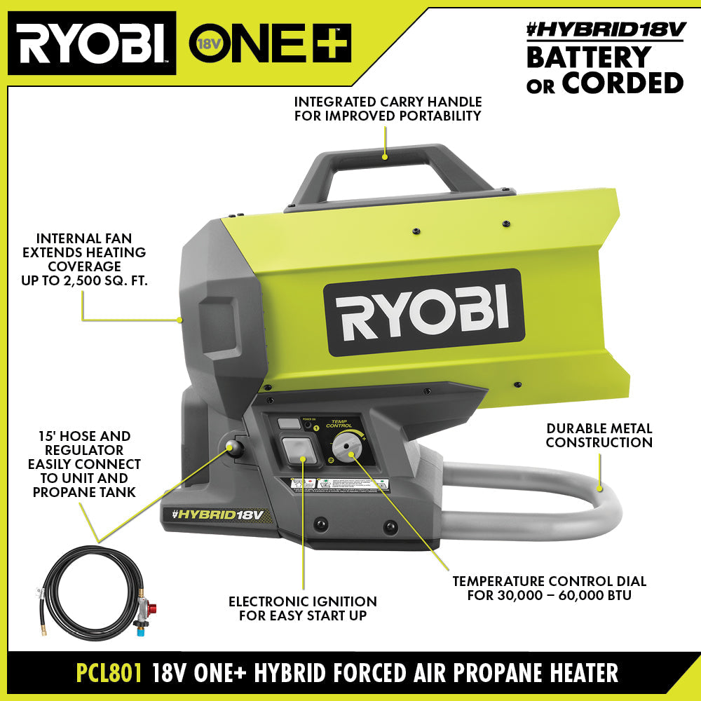 Open Box -  ONE+ 18V Cordless Hybrid Forced Air Propane Heater (Tool Only), RYOBI Green RYOBIBullseye Deals