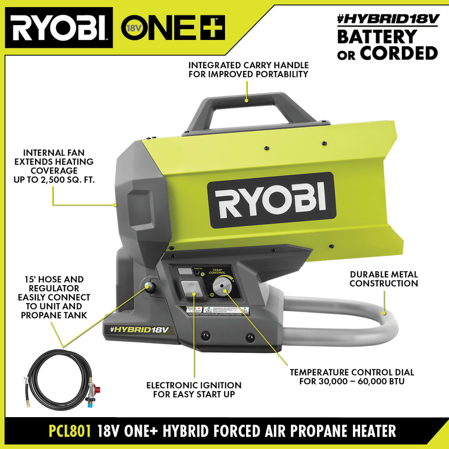Open Box - ONE+ 18V Cordless Hybrid Forced Air Propane Heater (Tool Only), RYOBI Green