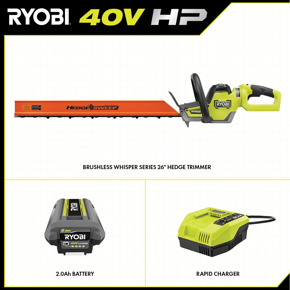 Open Box -  RYOBI 40V HP Brushless Whisper-Series 26-inch Hedge Trimmer Kit with 2.0 Ah Battery and Charger