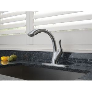Open Box - Delta 4153-AR-DST Linden Pull-Out Kitchen Faucet with Temporary Flow Increase and Optional Base Plate - Includes