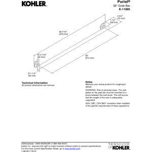 Open Box - Kohler K-11895-BV Purist 36" Wall Mounted Grab Bar