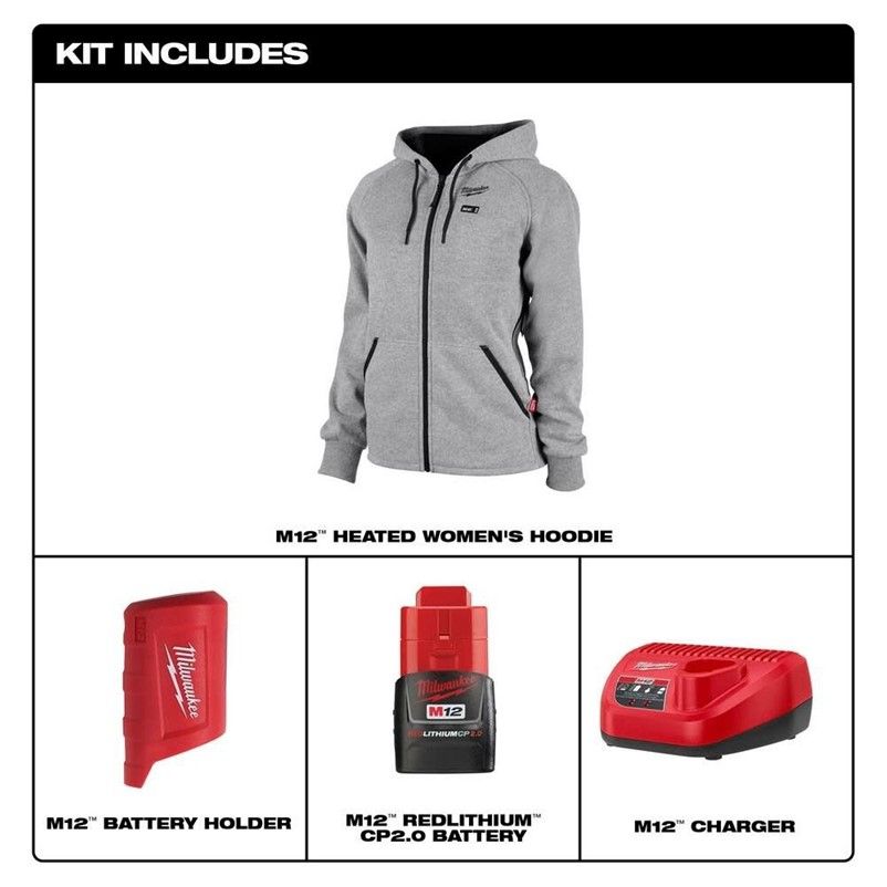 Open Box -  Milwaukee Tool Women's Small M12 12V Li-Ion Cordless Gray Heated Hoodie/Sweater Kit w/ (1) 2Ah Battery and Charger Milwaukee ToolBullseye Deals