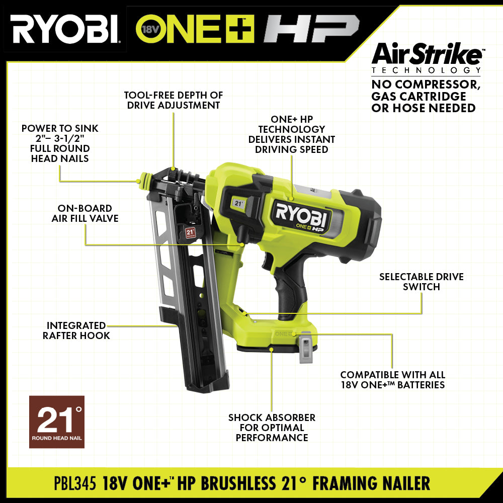 Used - RYOBI 18V ONE+ HP Brushless Cordless AirStrike 21° Framing Nailer (Tool Only)