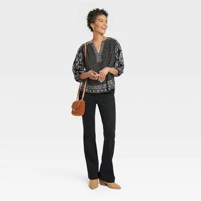 Knox Rose Women's V Neck Balloon Sleeve Top 3/4 Length Allover Floral Print Knox RoseBullseye Deals