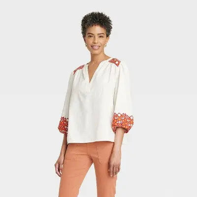 Knox Rose Women's V Neck Balloon Sleeve Top 3/4 Length Allover Floral Print Knox RoseBullseye Deals