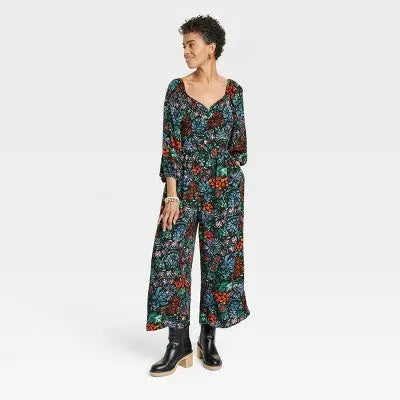 Women's Puff 3/4 Sleeve Jumpsuit - Knox Rose Ankle Length Slub Fabric V-Neckline Knox RoseBullseye Deals