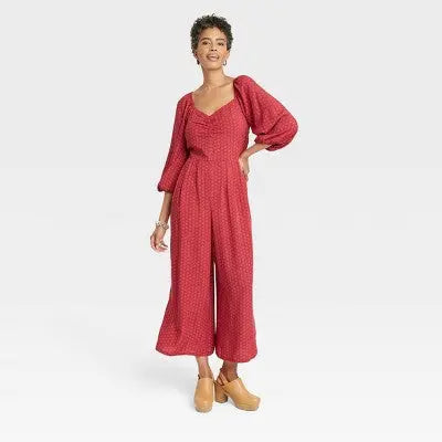 Women's Puff 3/4 Sleeve Jumpsuit - Knox Rose Ankle Length Slub Fabric V-Neckline Knox RoseBullseye Deals