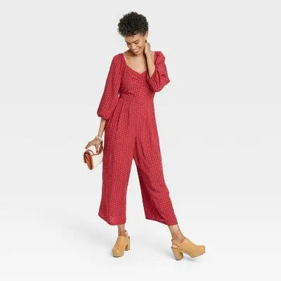 Women's Puff 3/4 Sleeve Jumpsuit - Knox Rose Ankle Length Slub Fabric V-Neckline Knox RoseBullseye Deals