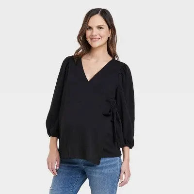 3/4 Sleeve Wrap Maternity Top - Isabel Maternity by Ingrid & Isabel Black M Isabel Maternity by Ingrid & IsabelBullseye Deals