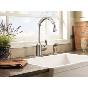 Open Box - Moen 87301SRS High Arc Kitchen Faucet with Side Spray and Metal Lever Handle from the Bayhill Collection