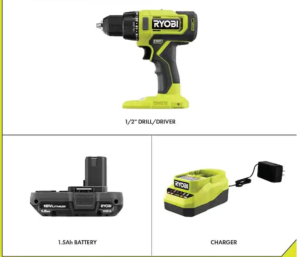 Open Box -  RYOBI 18V ONE+ Lithium-Ion Cordless Drill/Driver Kit with 1.5 Ah Battery and Charger RYOBIBullseye Deals