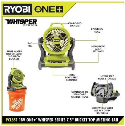 Open Box - RYOBI ONE+ 18V Cordless 7-1/2 in. Bucket Top Misting Fan Kit with 1.5 Ah Battery and Charger