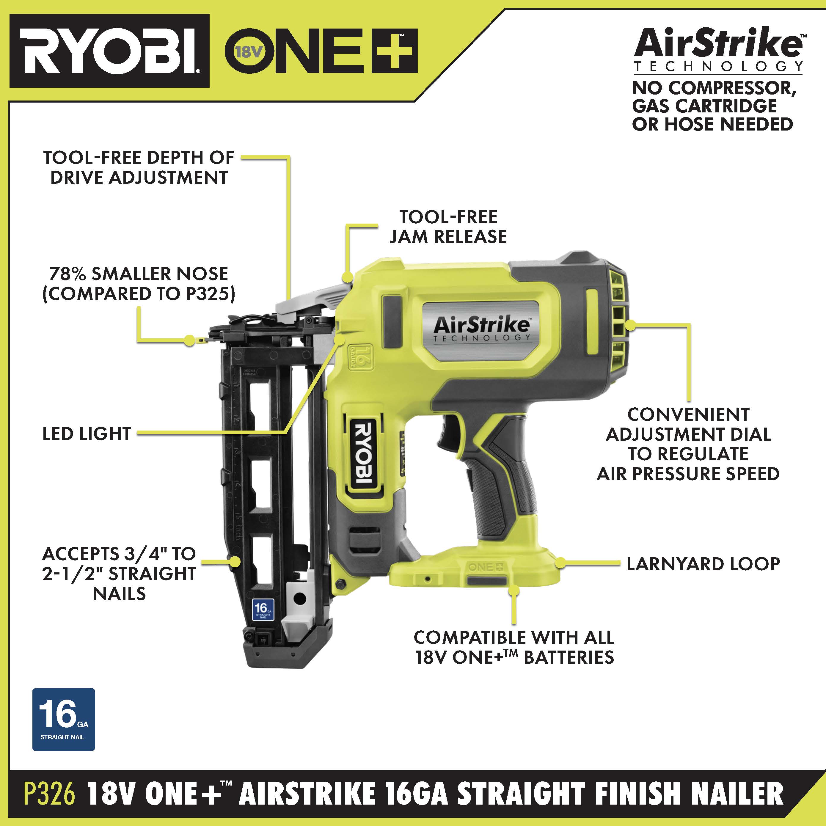 Open Box -  RYOBI ONE+ 18V 16-Gauge Cordless AirStrike Finish Nailer (Tool Only) RYOBIBullseye Deals