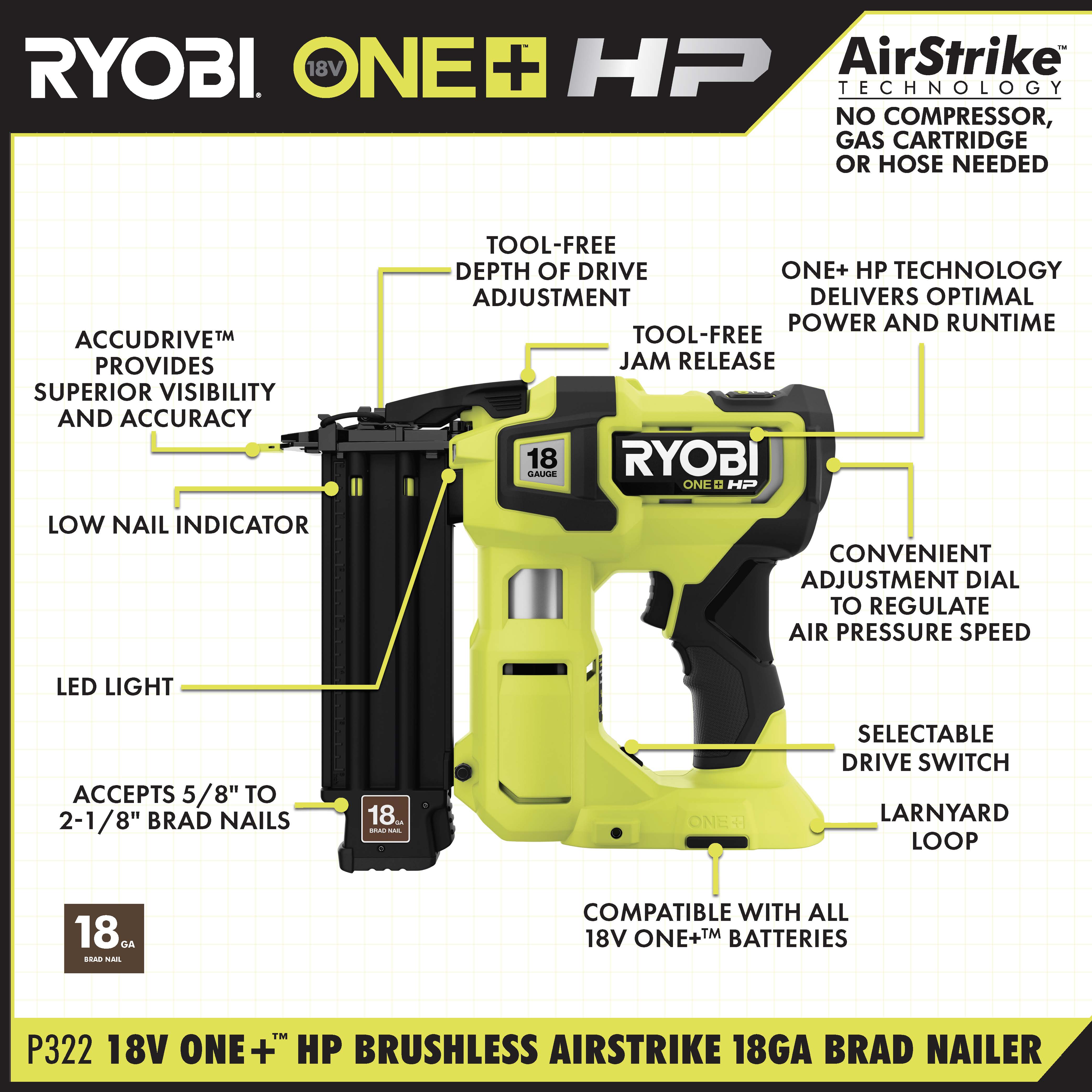 Open Box -  RYOBI ONE+ HP 18V 18-Gauge Brushless Cordless AirStrike Brad Nailer (Tool Only)