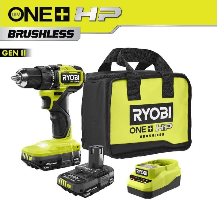 Open Box -  Ryobi ONE+ HP 18V Brushless Cordless Compact 1/2in. Drill/Driver Kit with (2) 1.5 Ah Batteries and Charger