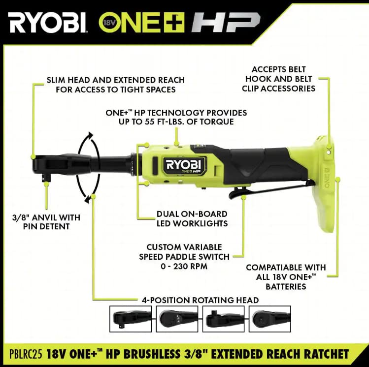 Open Box -  RYOBI ONE+ HP 18V Brushless Cordless 3/8 in. Extended Reach Ratchet (Tool Only) RYOBIBullseye Deals