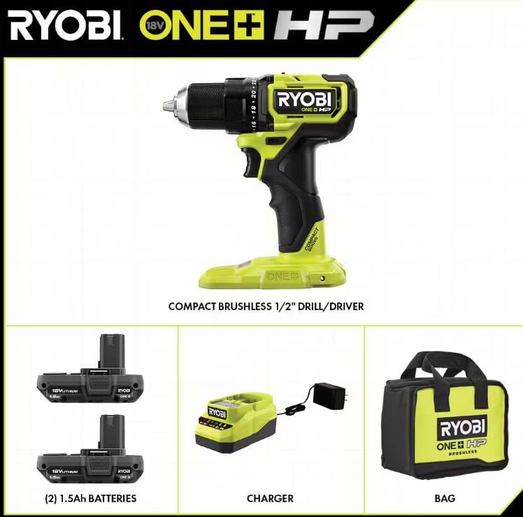 Open Box -  Ryobi ONE+ HP 18V Brushless Cordless Compact 1/2in. Drill/Driver Kit with (2) 1.5 Ah Batteries and Charger