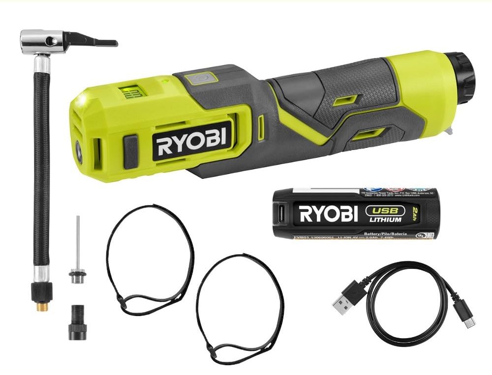 Open Box -  RYOBI USB Lithium Cordless High Pressure Portable Inflator Kit with 2.0 Ah USB Lithium Battery and Charging Cable