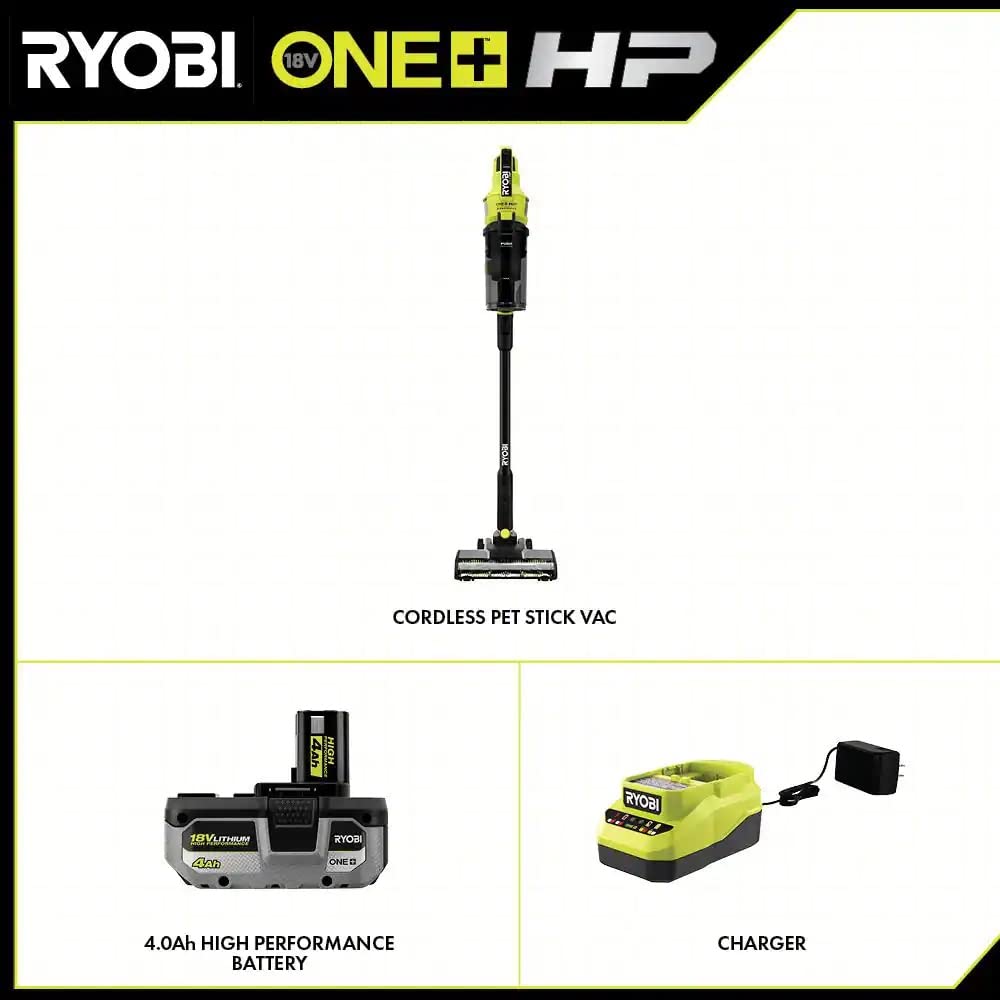 Open Box -  RYOBI ONE+ HP 18V Brushless Cordless Pet Stick Vacuum Cleaner Kit with 4.0 Ah HIGH PERFORMANCE Battery and Charger