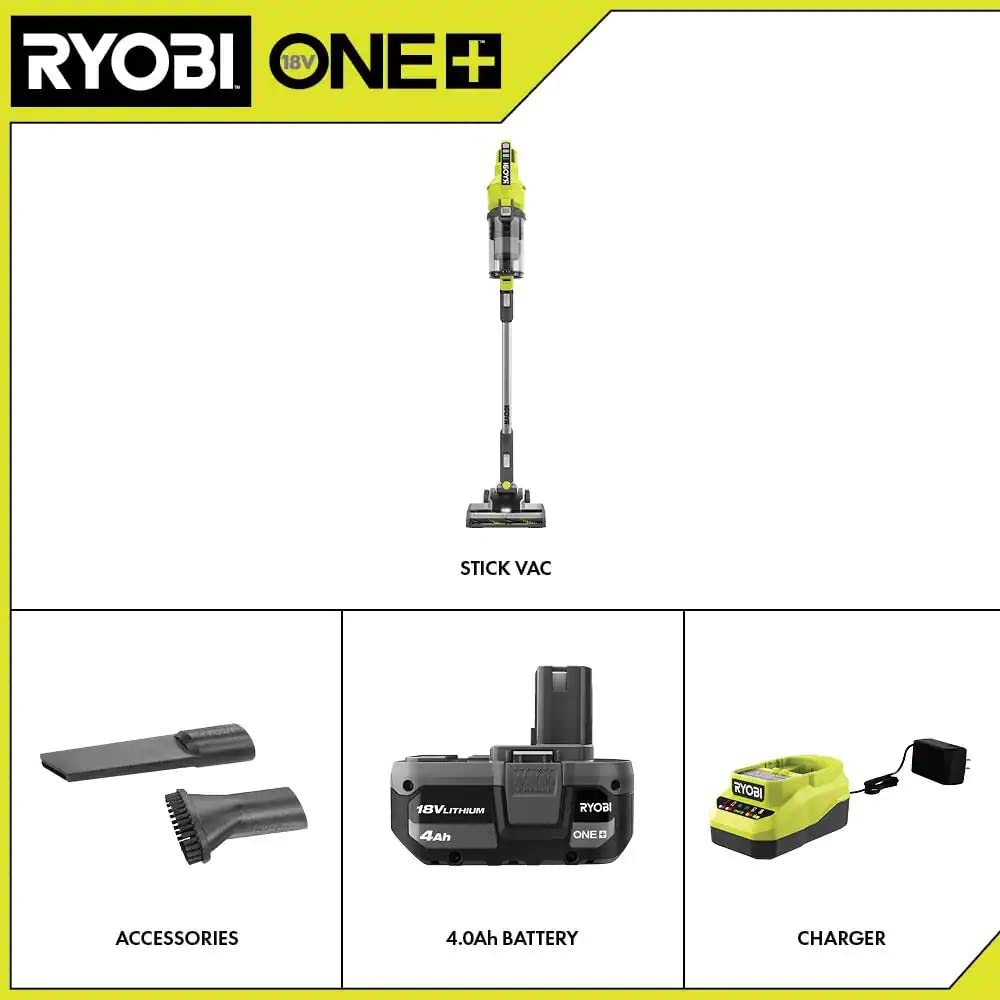 Used - RYOBI ONE+ 18V Cordless Stick Vacuum Cleaner Kit with 4.0 Ah Battery and Charger