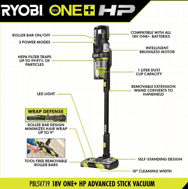 Open Box -  Ryobi ONE+ HP 18V Brushless Cordless Advanced WHISPER Series Stick Vacuum Kit with 4.0 Ah Battery and Charger