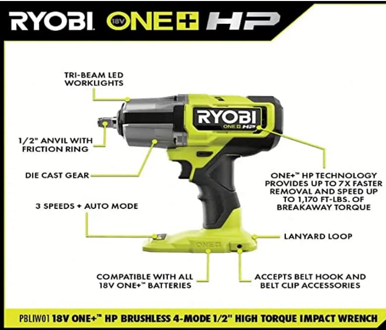 Used - RYOBI ONE+ 18-Volts Brushless Cordless 4-Mode 1/2 in. High Torque Impact Wrench (Tool Only)