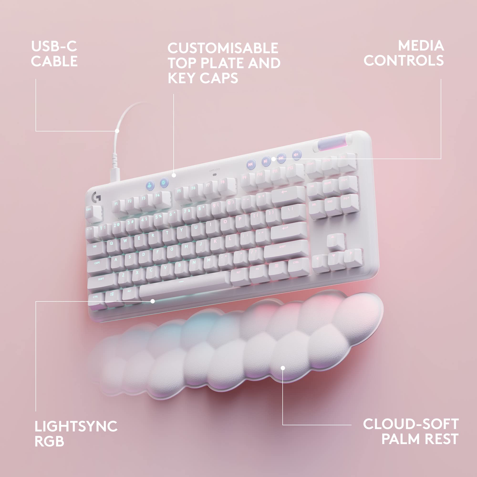 Refurbished - Logitech G713 Wired Mechanical Gaming Keyboard - GX Blue Clicky, LIGHTSYNC RGB & Palm Rest (White Mist)