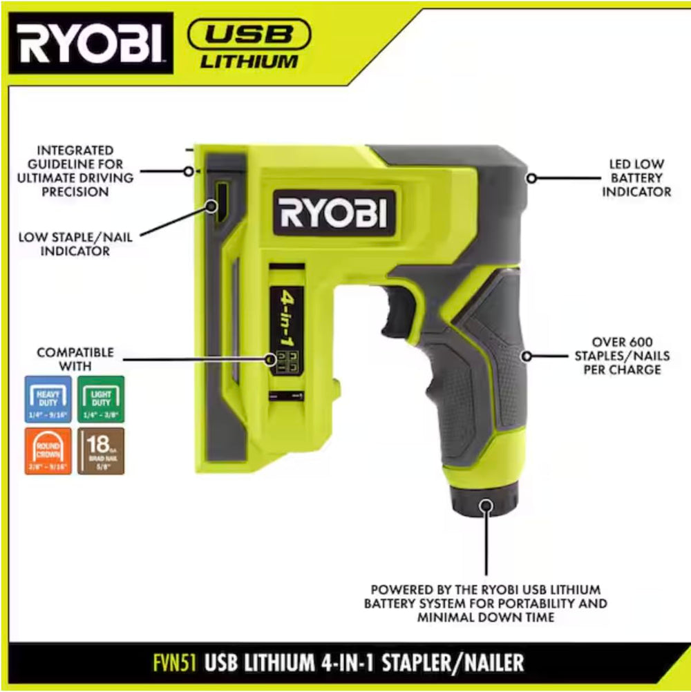 Used - RYOBI USB LITHIUM 4-in-1 Stapler/Nailer Kit with 3.0 Ah Battery and Charging Cable