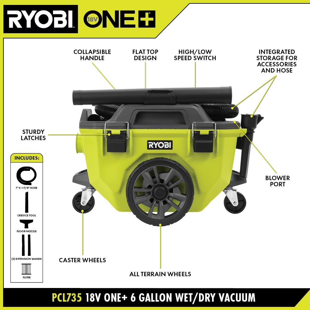 Open Box -  RYOBI ONE+ 18V Cordless 6 Gal. Wet Dry Vacuum (Tool Only), Greens