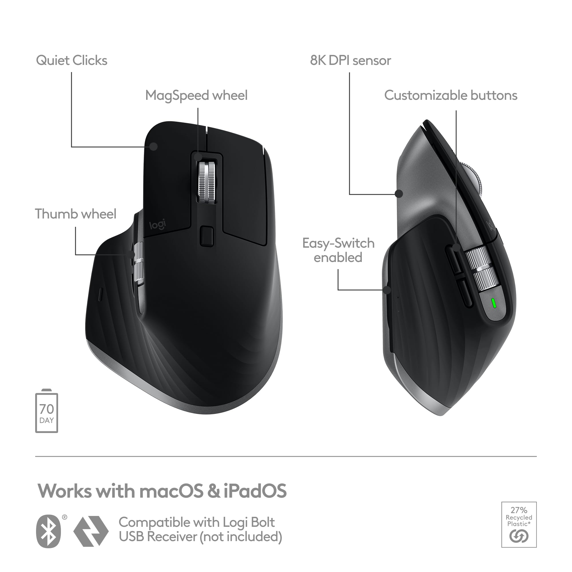 Refurbished - MX Master 3S For Mac Performance Wireless Mouse-SPACE GREY-BT- 910-006569