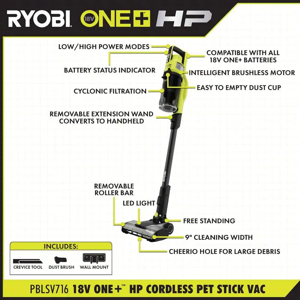 Open Box -  RYOBI ONE+ HP 18V Brushless Cordless Pet Stick Vacuum Cleaner Kit with 4.0 Ah HIGH PERFORMANCE Battery and Charger