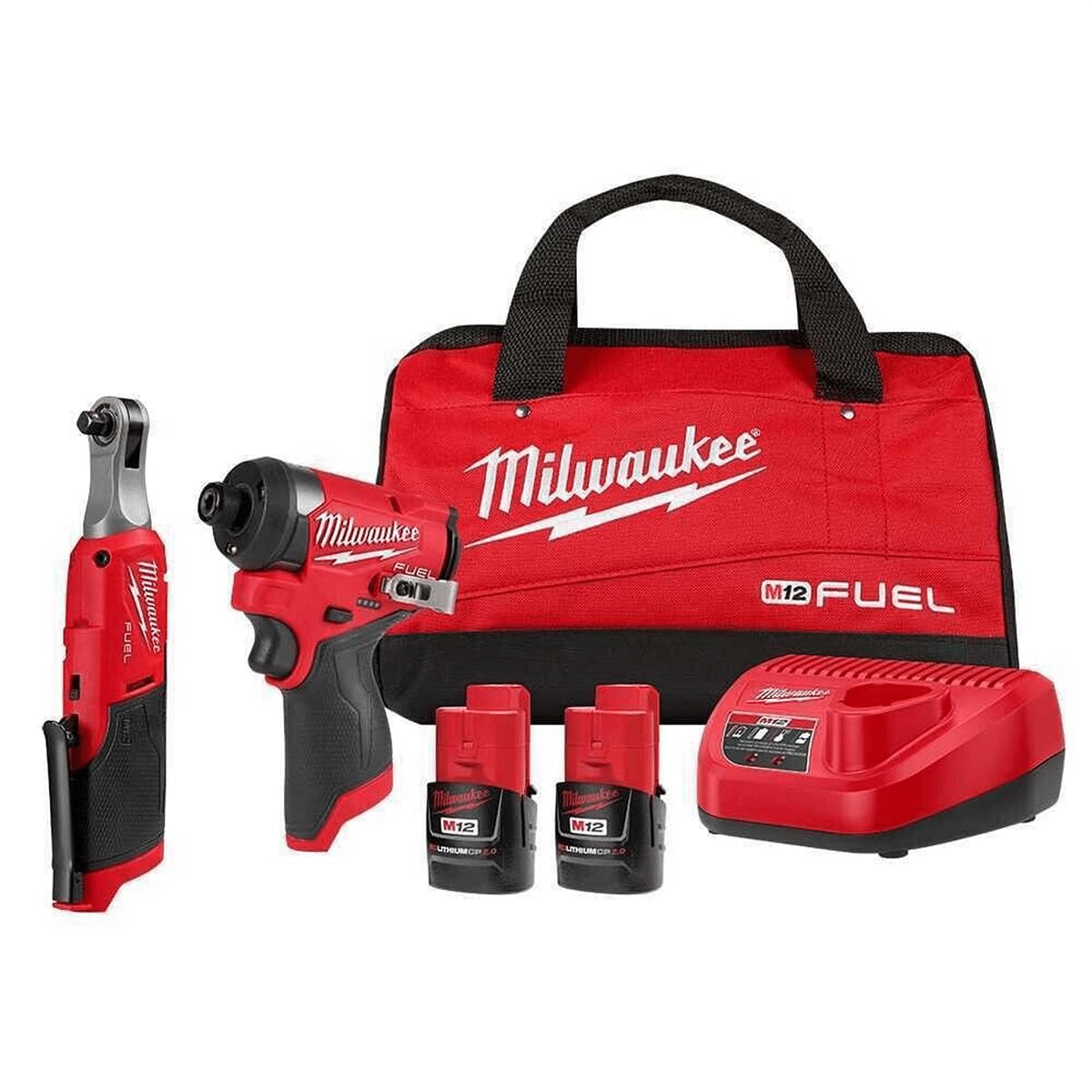 Open Box -  Milwaukee M12 FUEL 12V Lithium-Ion Cordless 3/8 in. Ratchet and 1/4 in. Impact Driver Kit (2-Tool) w/Batteries, Charger & Bag MilwaukeeBullseye Deals