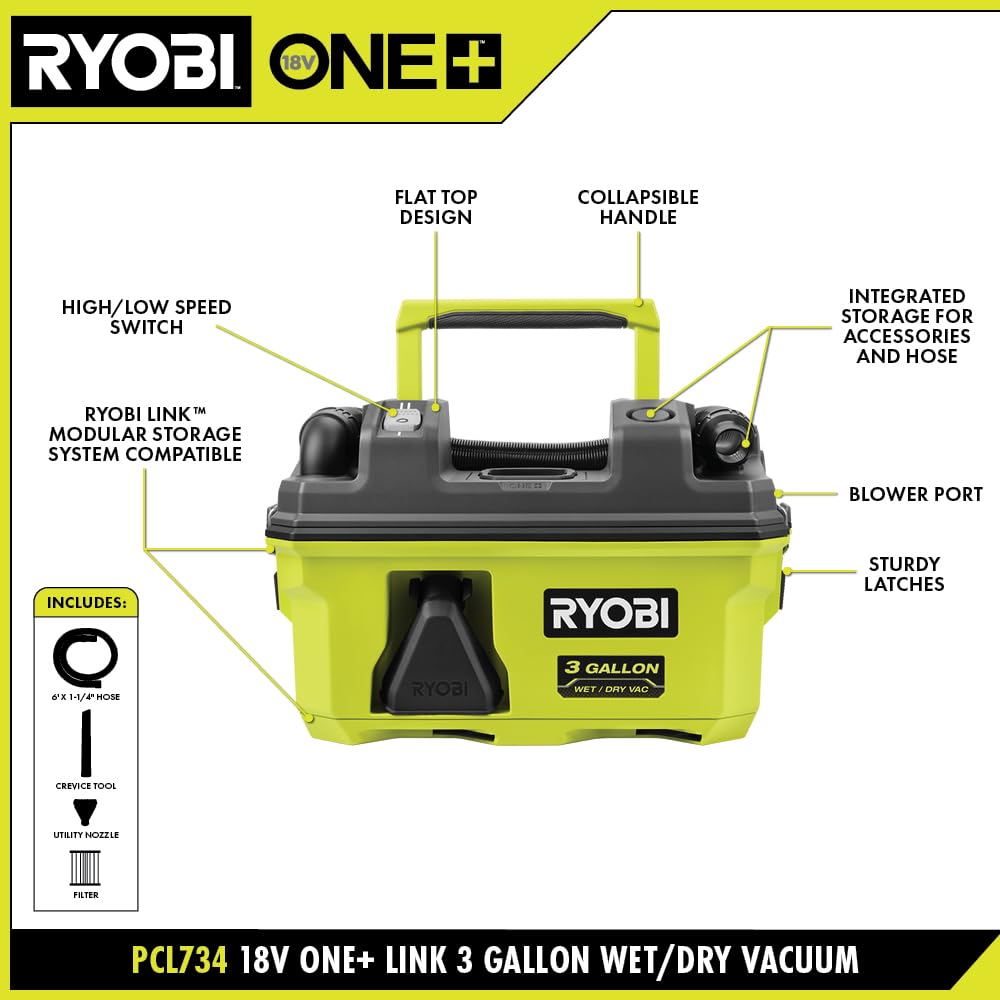 Open Box - RYOBI ONE+ 18V LINK Cordless 3 Gal. Wet/Dry Vacuum (Tool Only), Greens RYOBIBullseye Deals