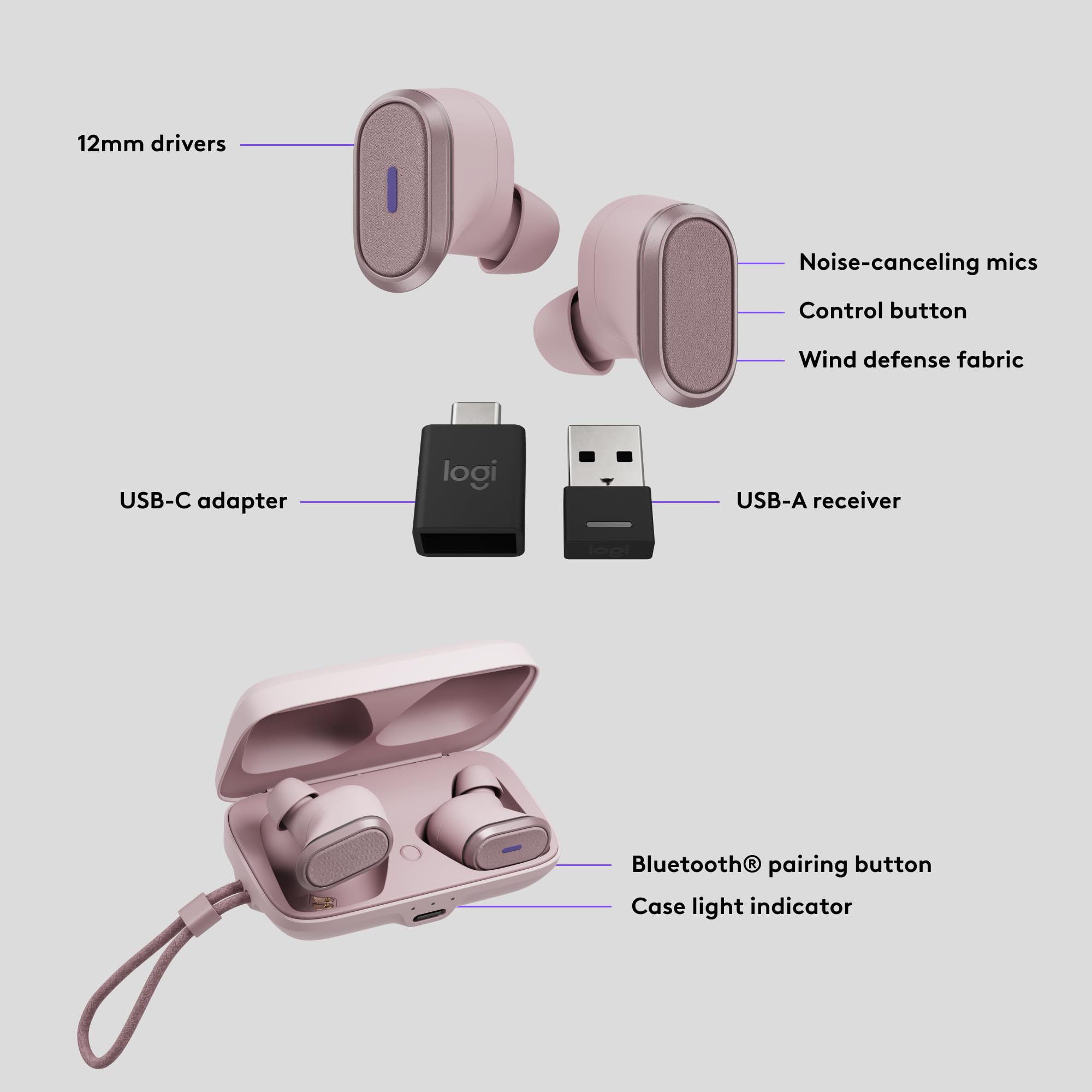Refurbished - Logi Zone True Wireless-ROSE-2.4GHZ/BT-PLUGC-ROSE 985-001089